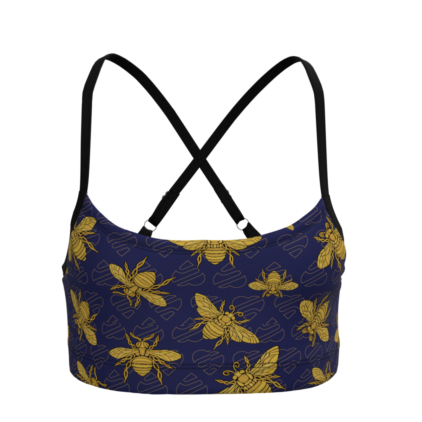 Bee print blue crop top with yellow bee pattern on a white background