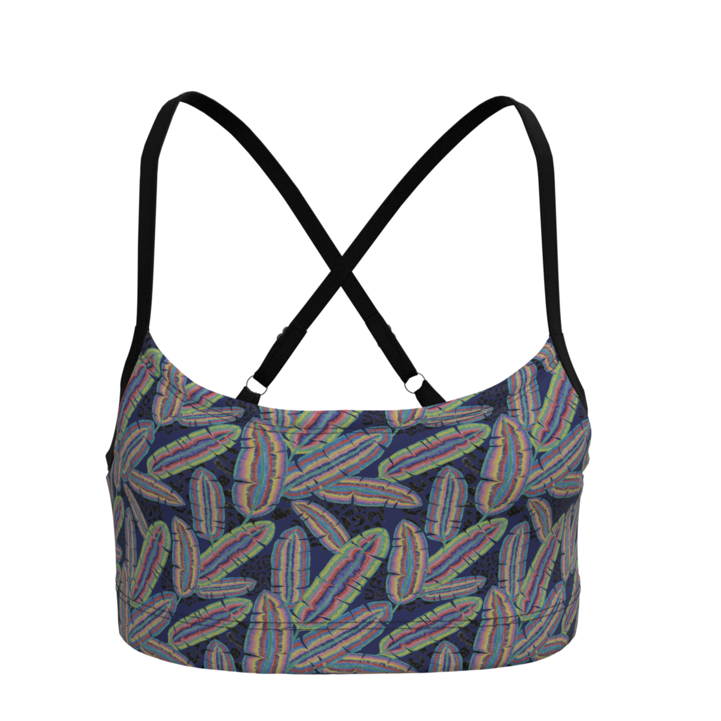 Multicolored leaf patterned top with criss-cross adjustable straps on a white background