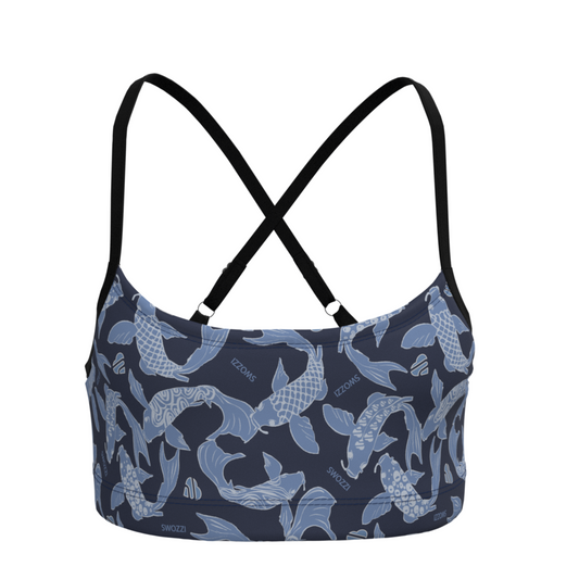 Navy sports bra with Koi Fish pattern on a white background