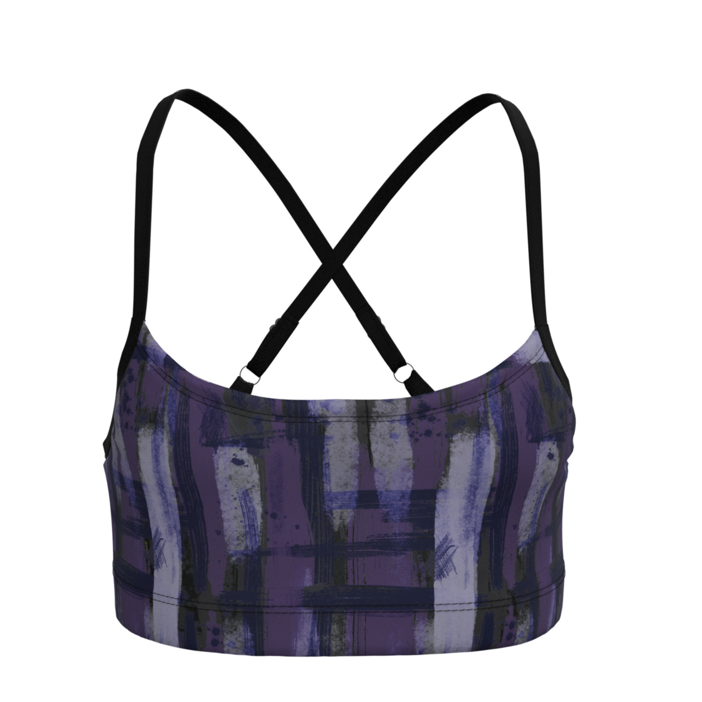 Purple and black patterned sports bra with criss-cross straps on a white background