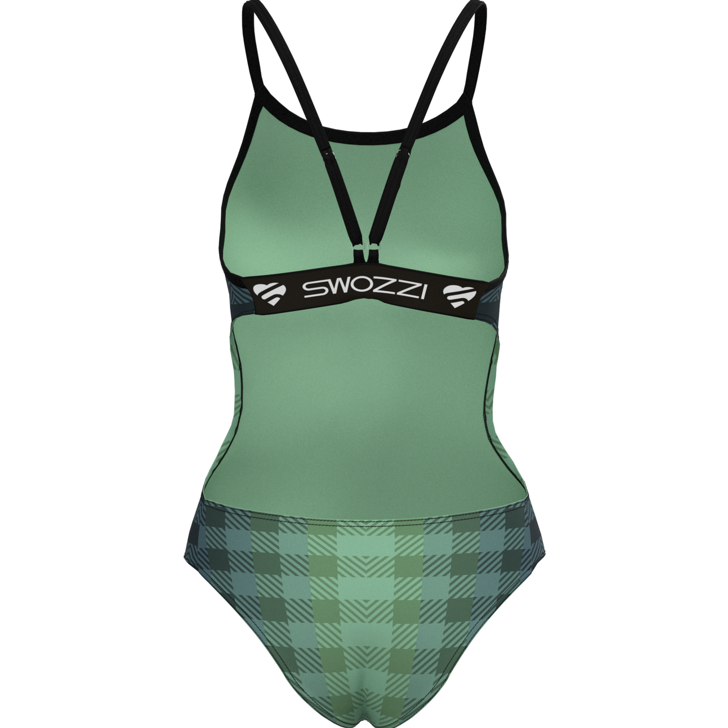 Green swimsuit with plaid pattern and 'Swozz' branding on a white background