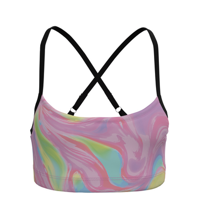 Multicolored marbled sports bra with black straps on a white background