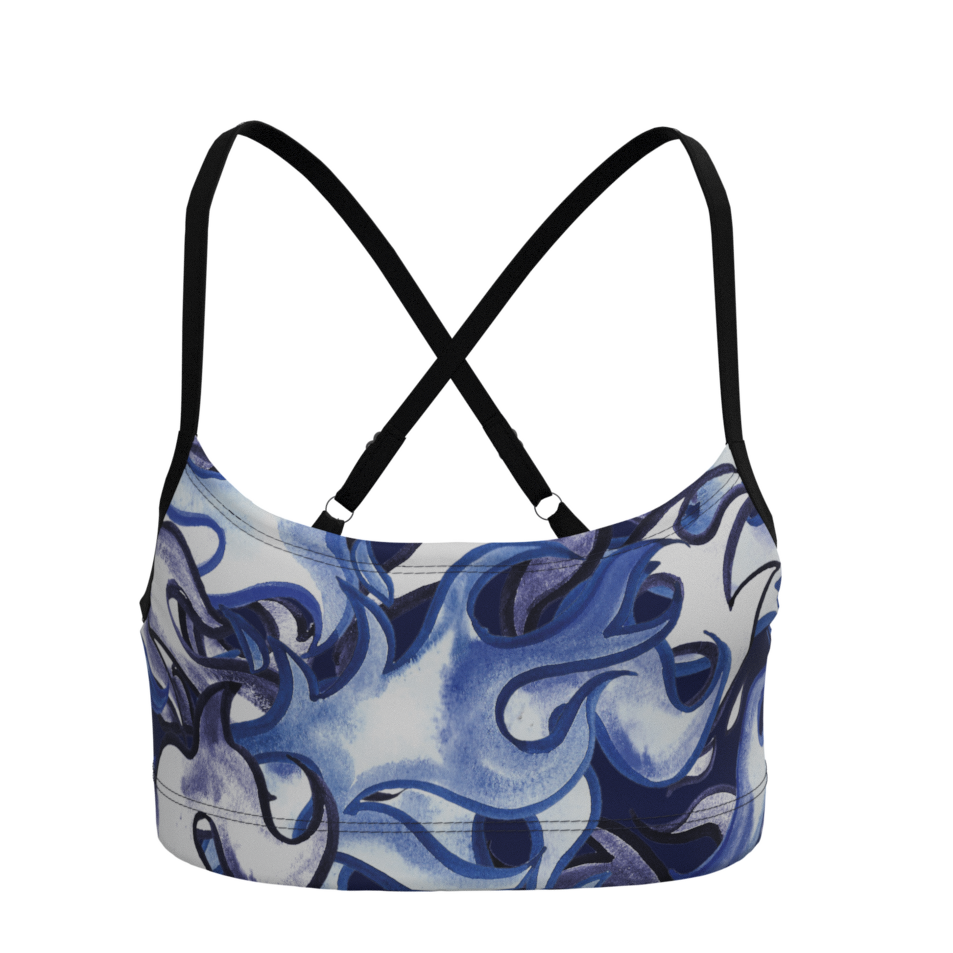Blue and white Dragon Fire patterned sports bra with black straps on a white background