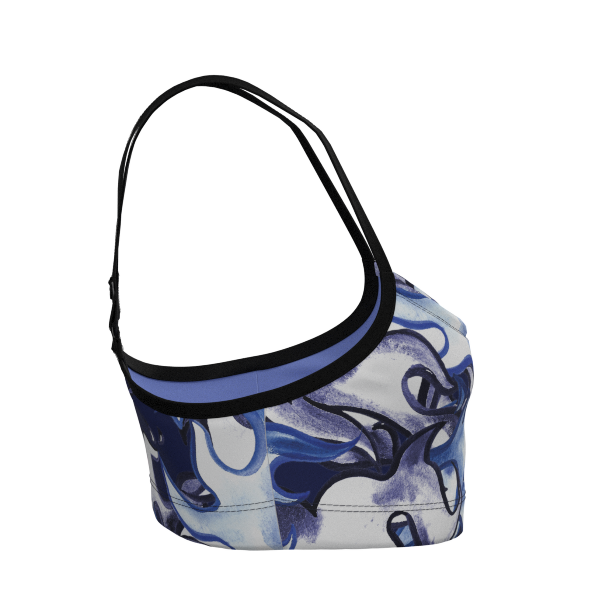 Blue and white patterned tube top with black straps on a white background