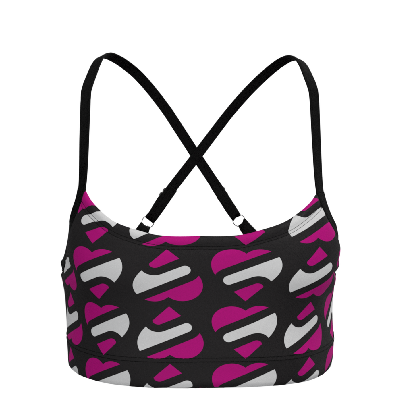 Black sports bra with pink heart pattern on a white background