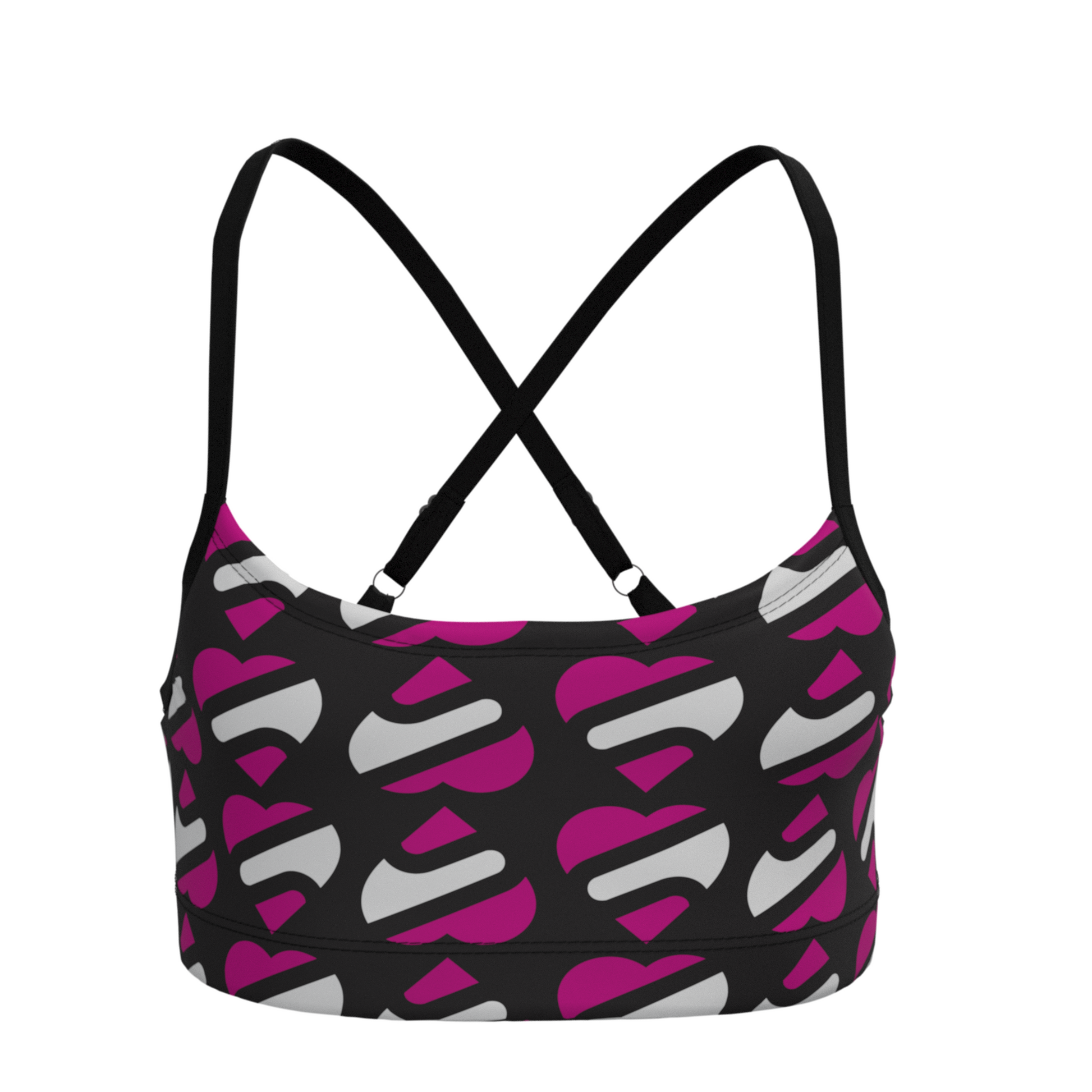 Black sports bra with pink heart pattern on a white background