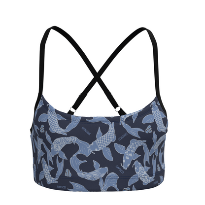 Navy sports bra with Koi Fish pattern on a white background