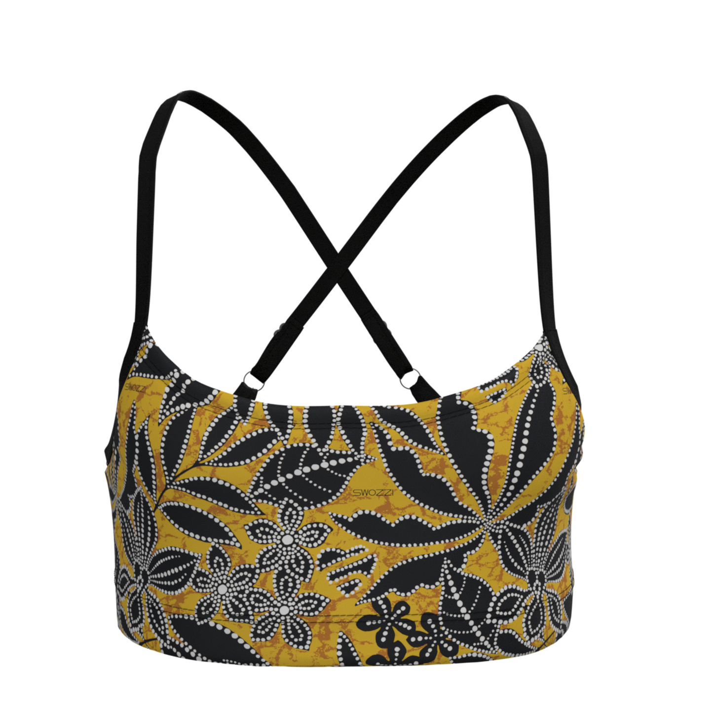 Yellow and black floral patterned crop top with criss-cross adjustable straps on a white background