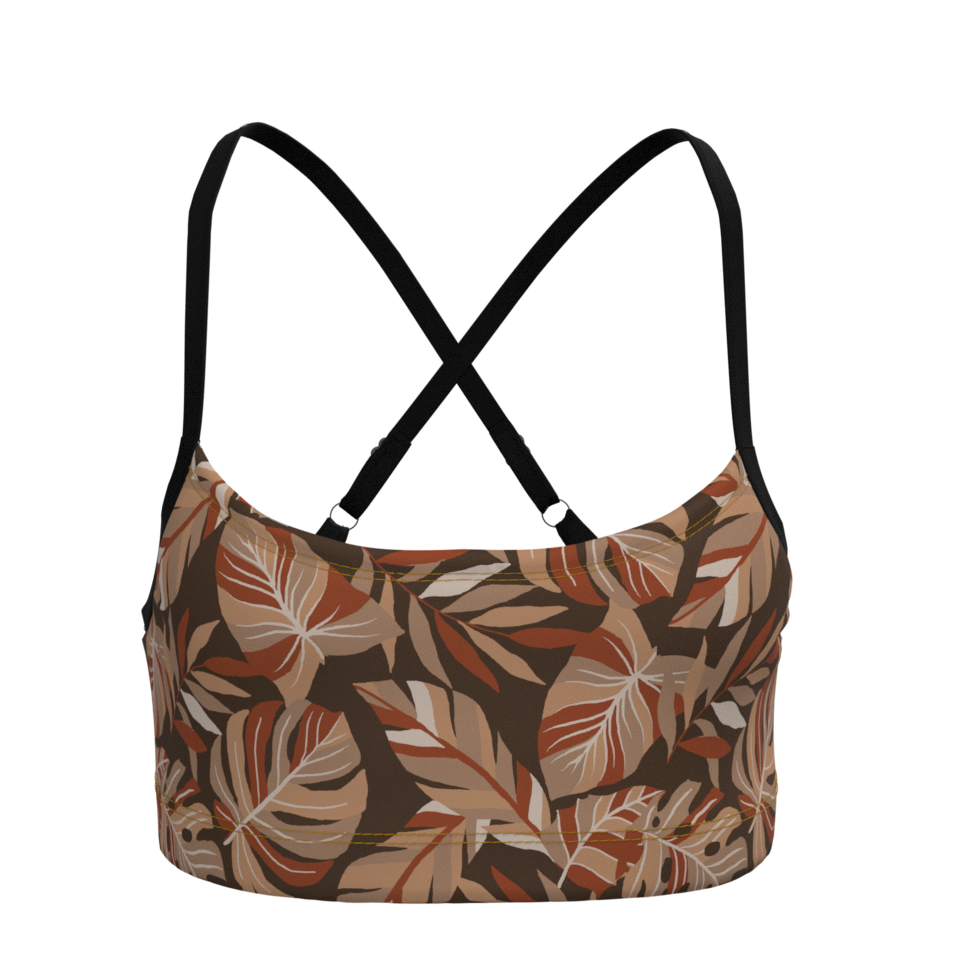 Brown leaf-patterned crop top with black adjustable straps on a white background