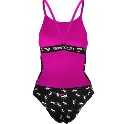 Pink and black swimsuit with white ants and 'Swozzi' branding on a white background