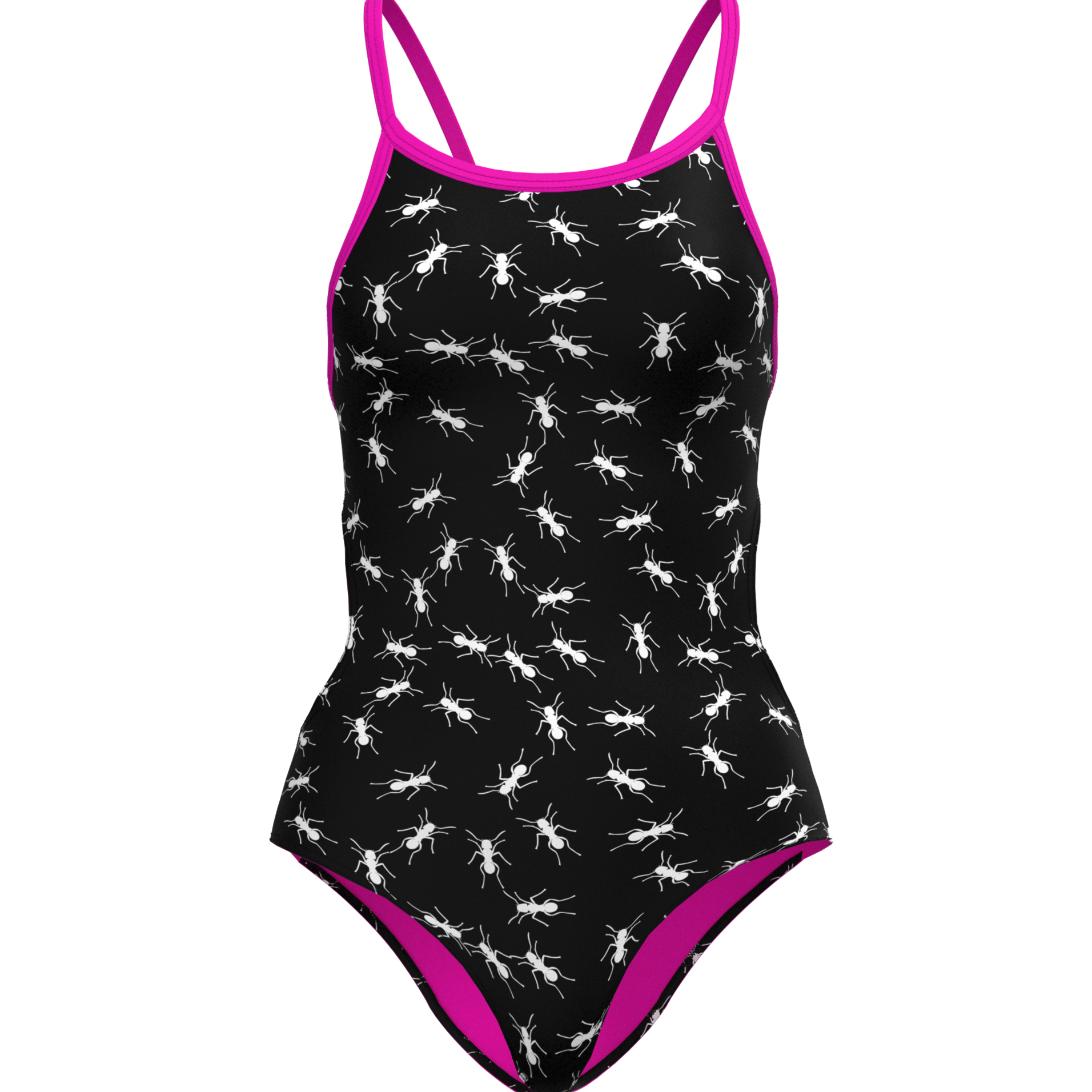 Black swimsuit with white Ants pattern and pink straps on a white background