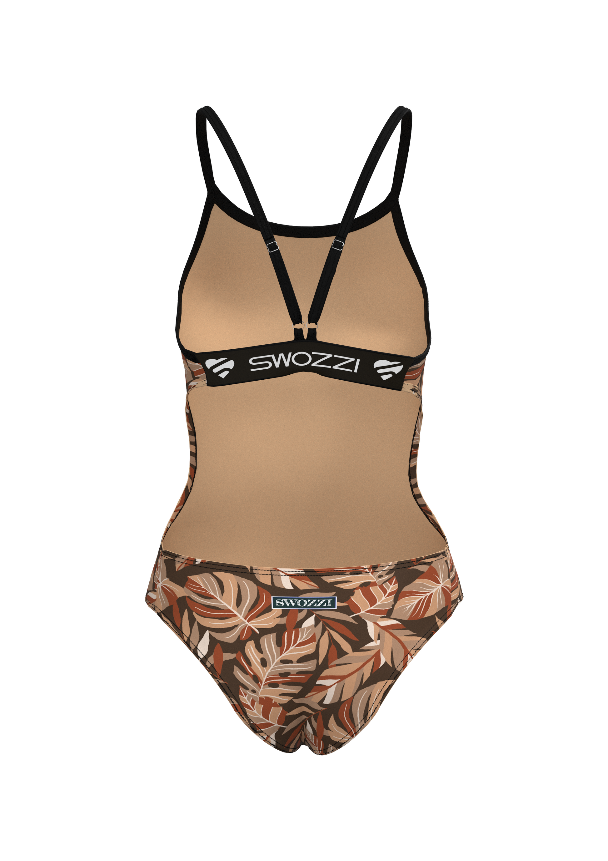 Beige and leaf-patterned swimsuit with 'Swozzi' branding on a white background