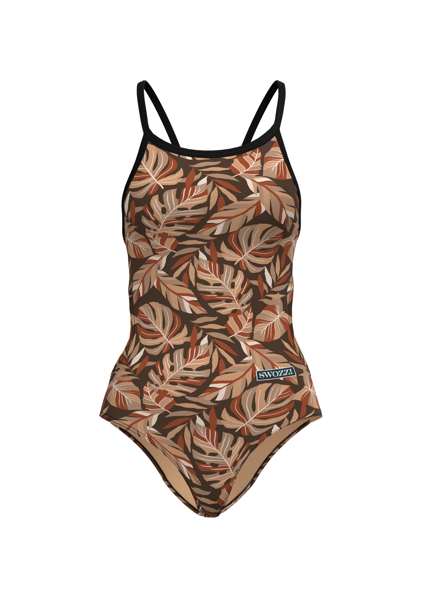 One-piece swimsuit with leaf pattern on a white background
