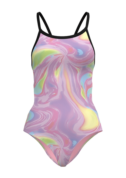 Multicolored marbled swimsuit with black straps on a white background