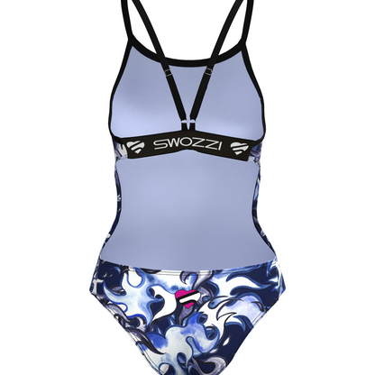 Swimwear set with a light blue top and patterned bottom on a white background