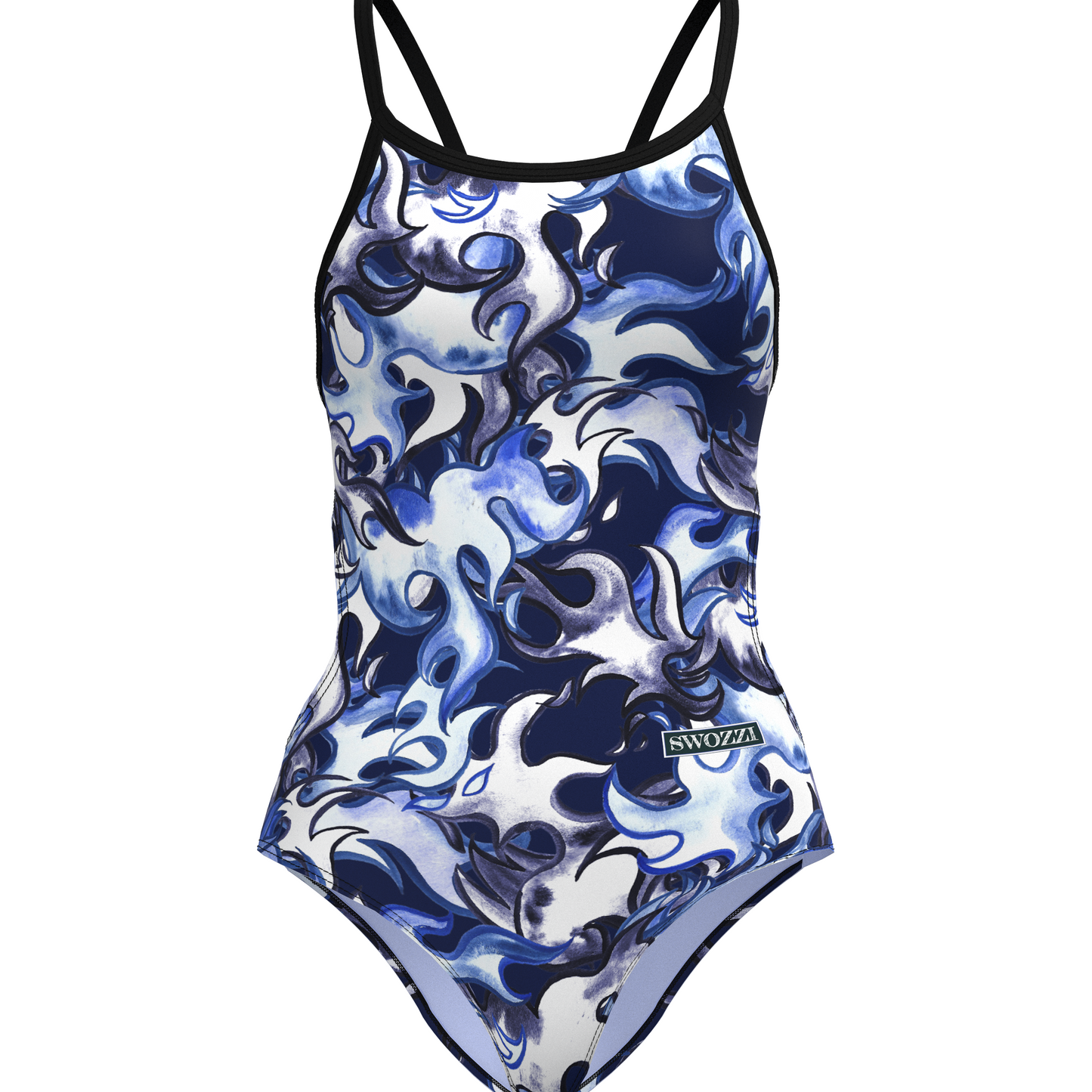 Blue and white patterned swimsuit with black straps on a white background