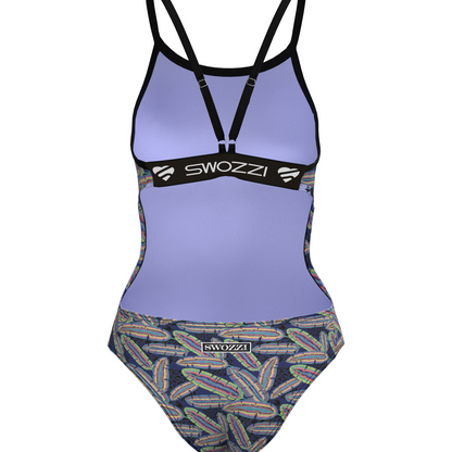 Feather swimsuit with patterned bottom and 'Swozzi' branding on a white background