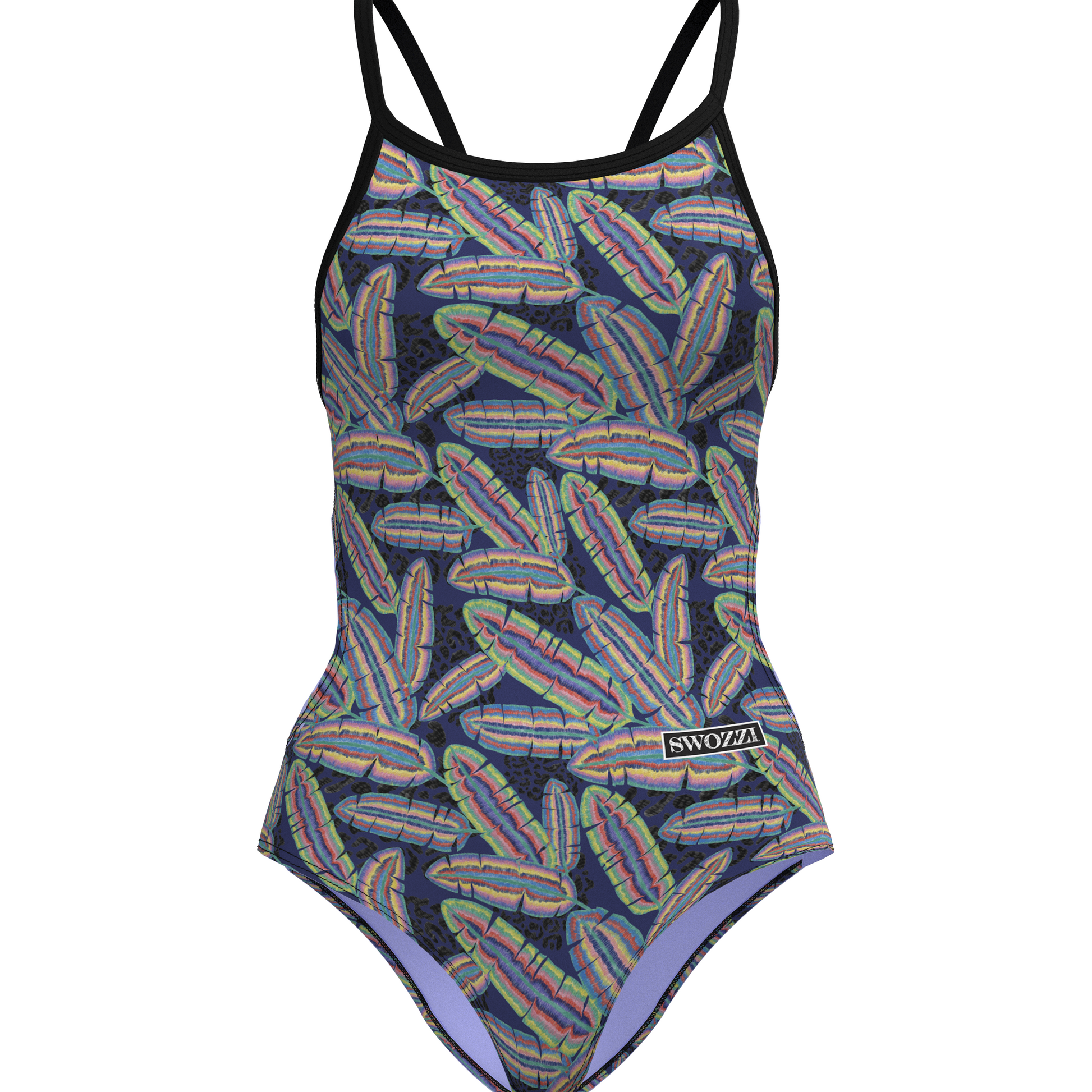Fit Women wearing Colourful Feather pattern one piece swimwear with a brand logo  with adjustable straps and supported elastic