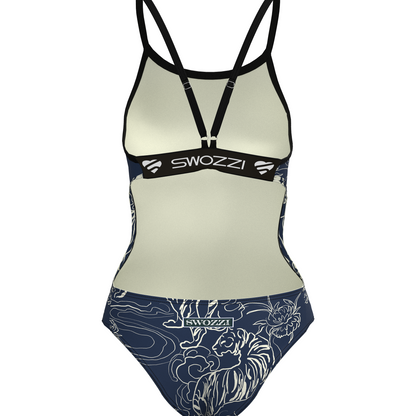 One-piece swimsuit with floral tiger design and 'Swozzi' branding on a white background