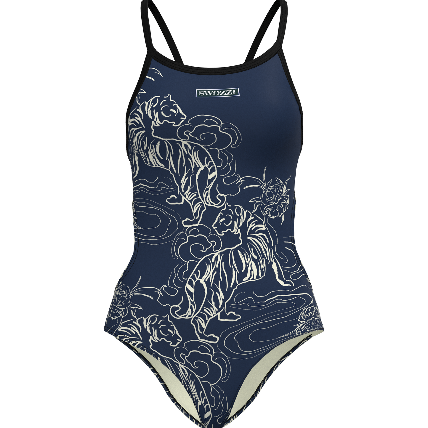 Navy Tiger swimsuit with white floral design on a white background