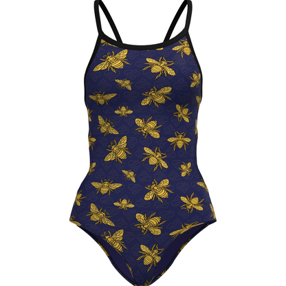 One-piece swimsuit with bee pattern on a white background