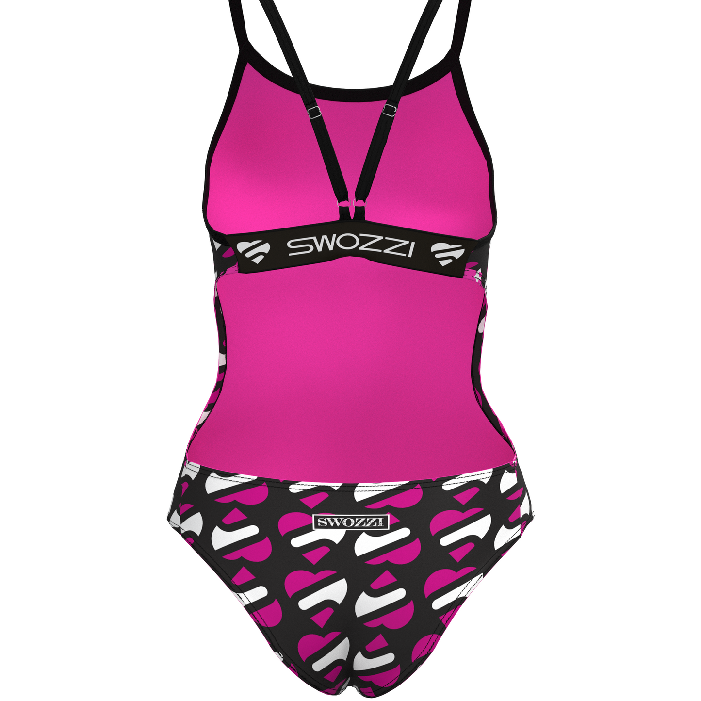 Pink and black swimsuit with 'Swozzli' branding on a white background