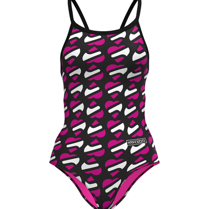 One-piece swimsuit with pink and black pattern on a white background