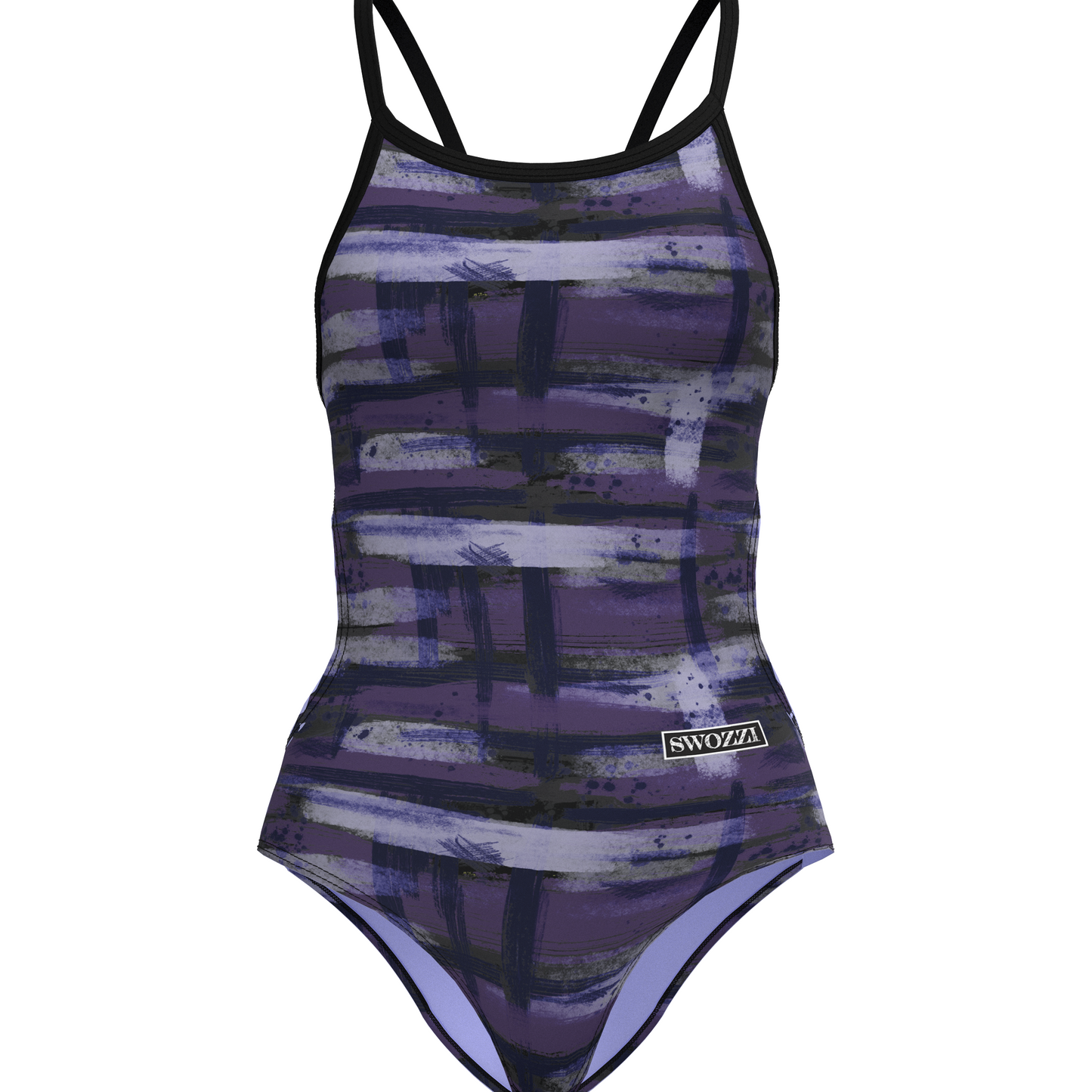 Purple and black patterned swimsuit with 'Swozzi' branding on a white background front facing
