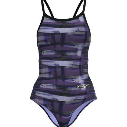 Purple and black patterned swimsuit with 'Swozzi' branding on a white background front facing