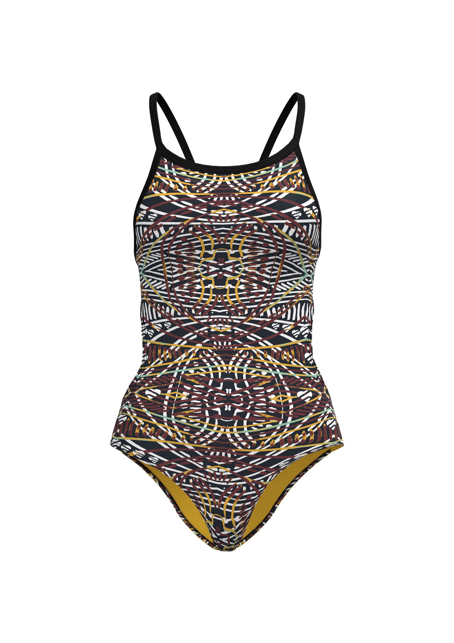 One-piece swimsuit with geometric pattern on a white background
