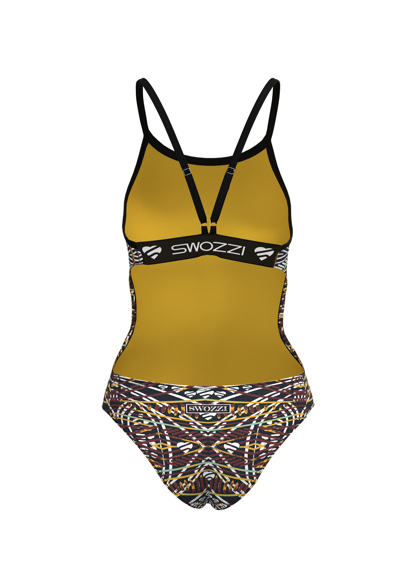 Mustard yellow swimsuit with patterned bottom on a white background