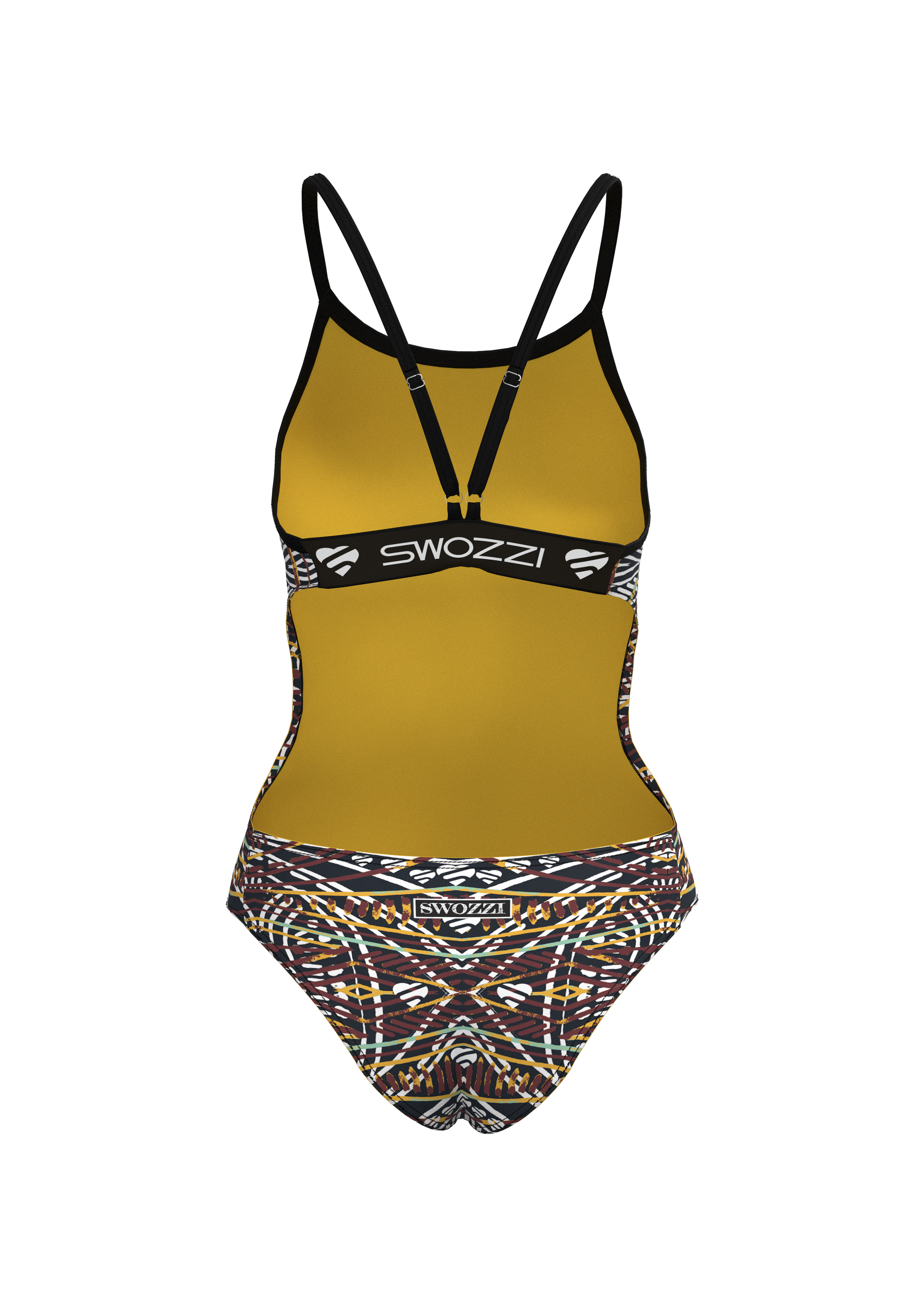 Mustard yellow swimsuit with patterned bottom on a white background