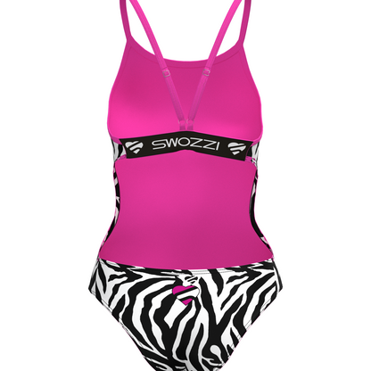 Pink swimsuit with zebra pattern bottom on a white background