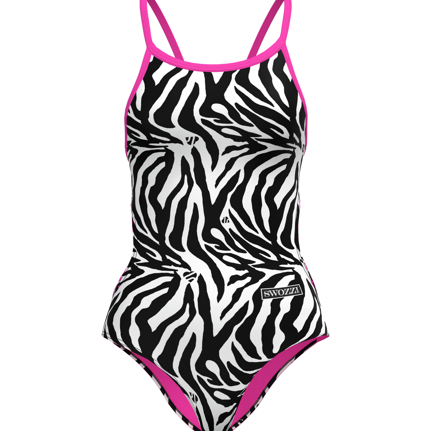 One-piece swimsuit with zebra pattern and pink accents on a white background